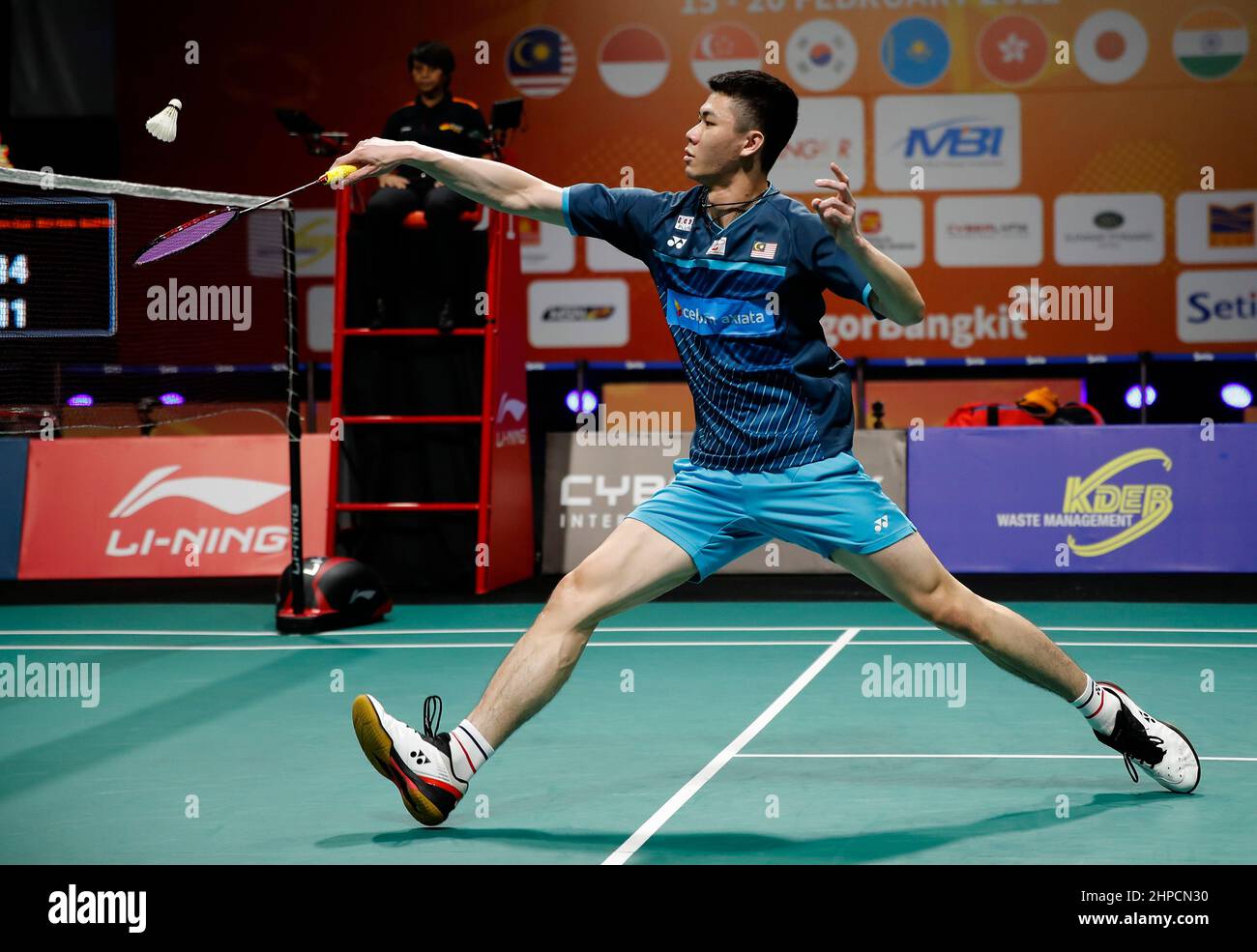 Lee Zii Jia of Malaysia plays against Dwi Wardoyo Chico Aura of Indonesia during the team final of the mens singles match at the Badminton Asia Team Championships 2022 in Shah Alam