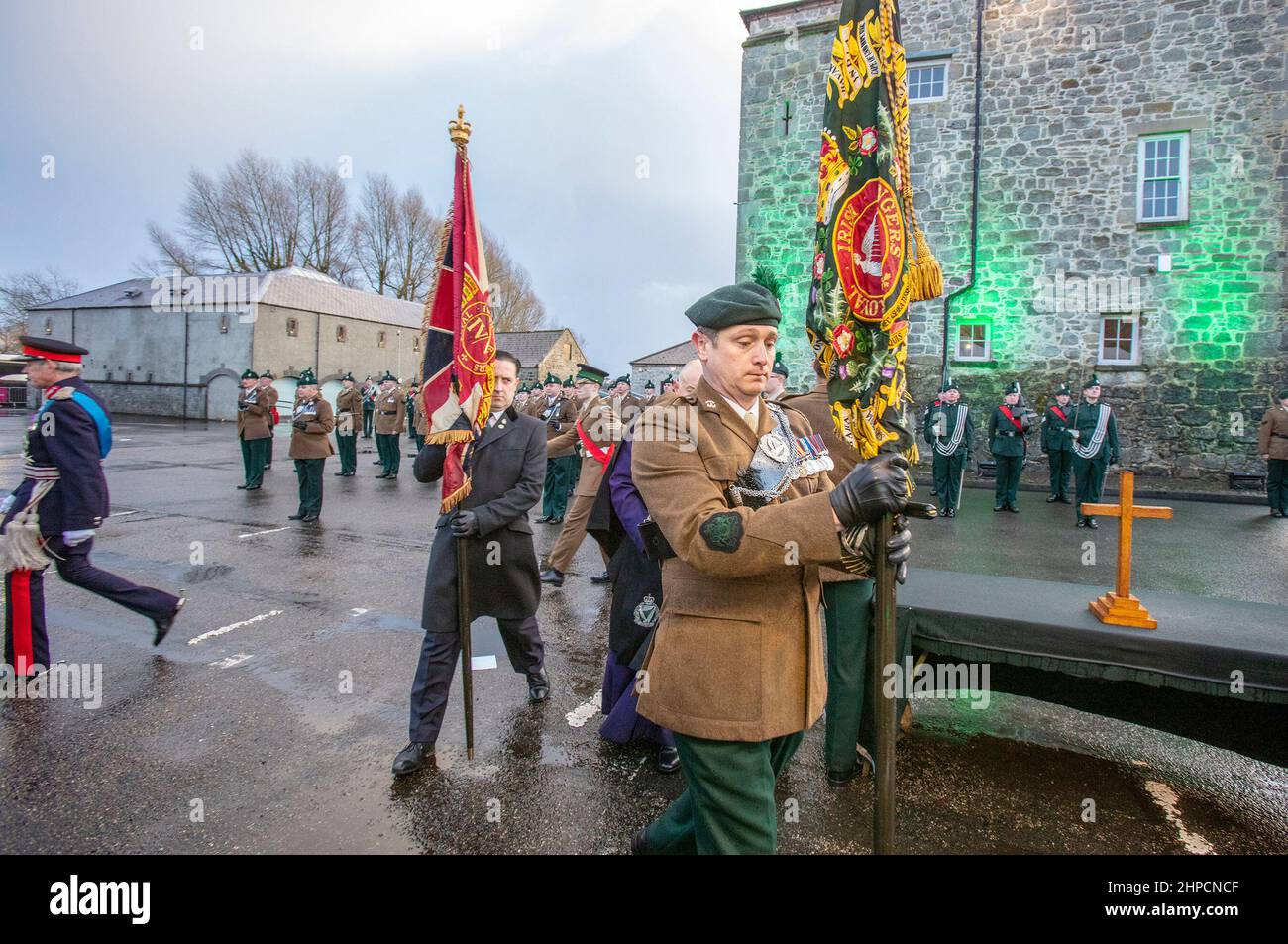The 2nd Battalion The Royal Irish Regiment laying their Regimental Colours to rest during a ceremony at the Inniskillings Museum in the grounds of Enniskillen Castle, Co Fermanagh, where the regiment was originally raised in 1689. Picture date: Sunday February 20, 2022. Stock Photo