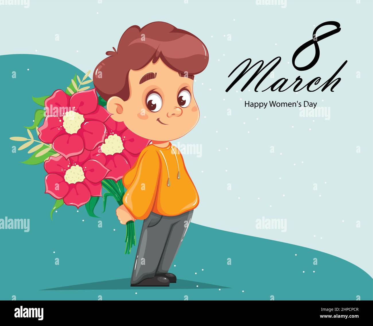 Happy Women's day greeting card. Cheerful boy with a bouquet of flowers. 8 March. International Women day. Stock vector illustration Stock Vector