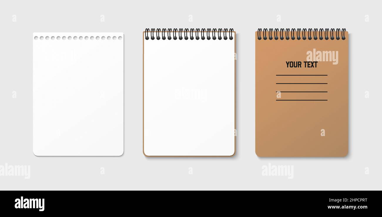Horizontal spiral spring notepad with space for your image or text on gray isolated background in three variations. Clean empty sheet. Notebook vector Stock Vector