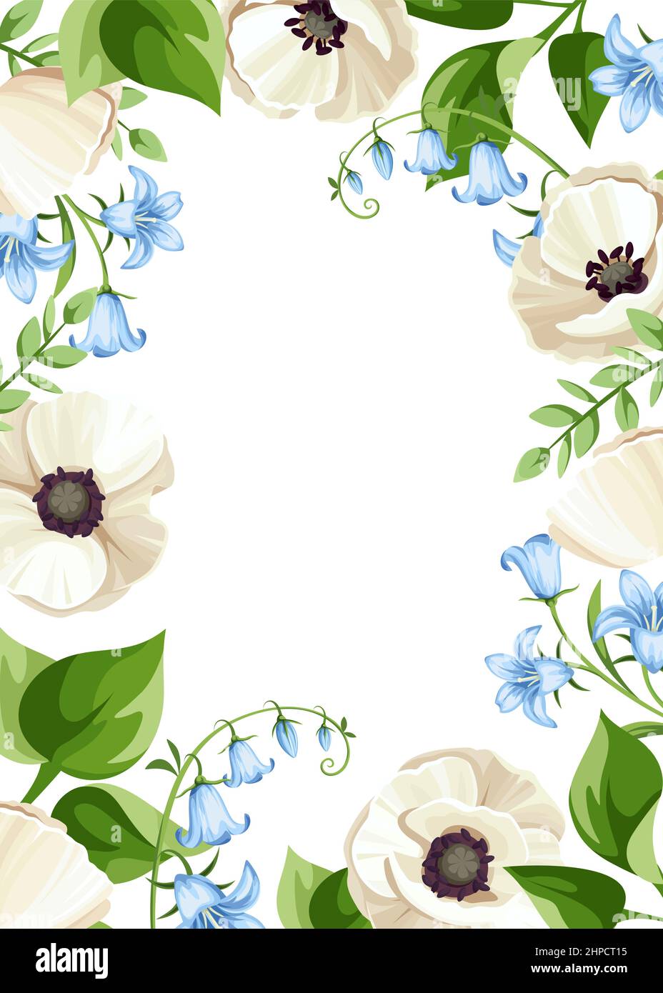 Vector card with white poppy flowers, blue bluebell flowers, and green leaves. Greeting or invitation card design Stock Vector