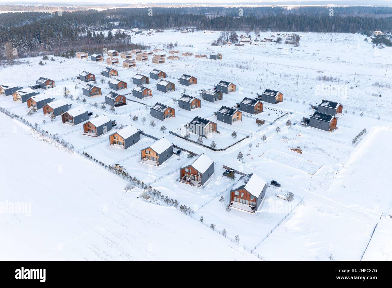 Top view of the winter village with snow covered houses and roads Stock ...
