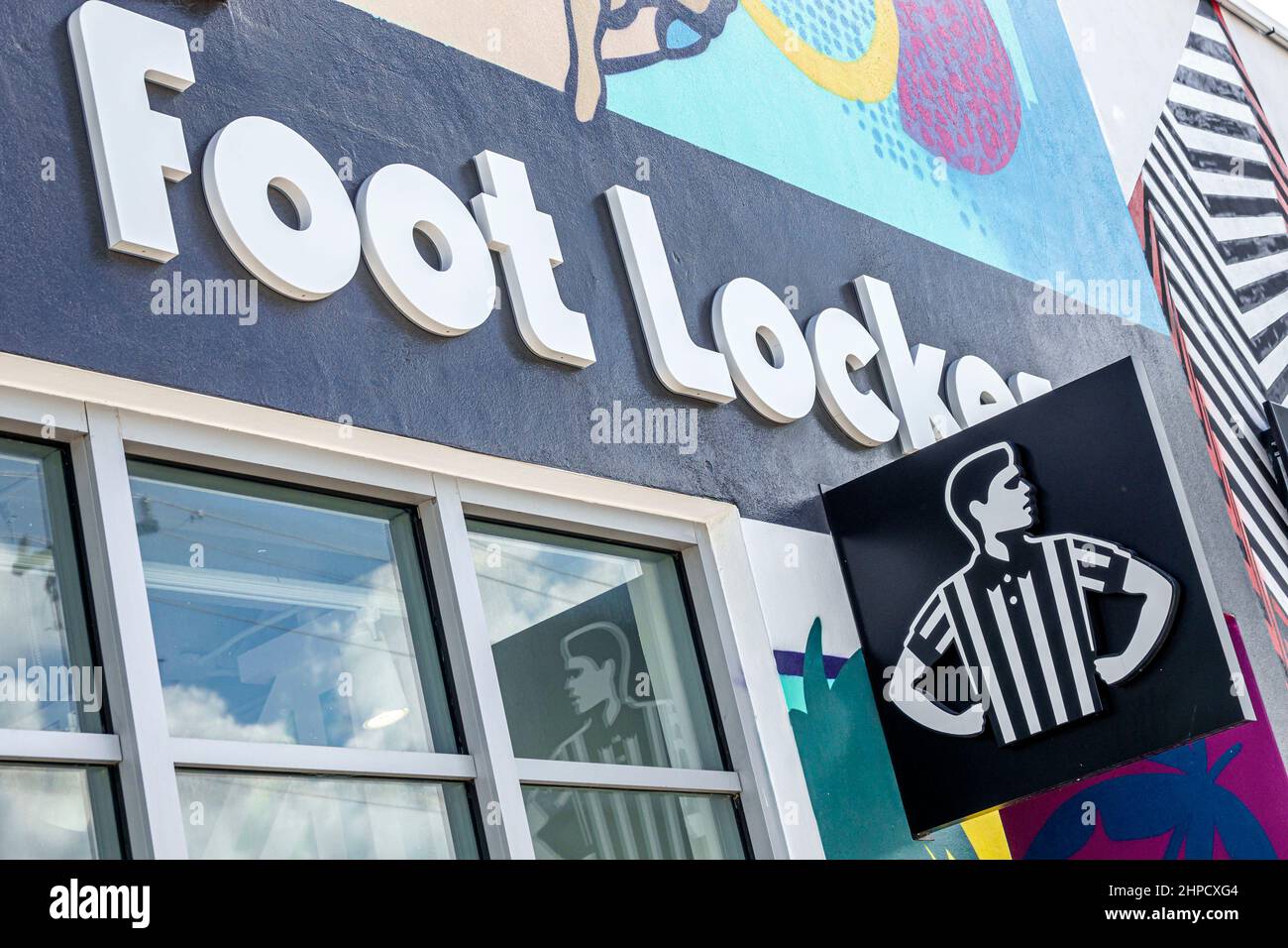 Miami Florida Wynwood Art District Foot Locker athletic shoes shopping logo outside exterior Stock Photo