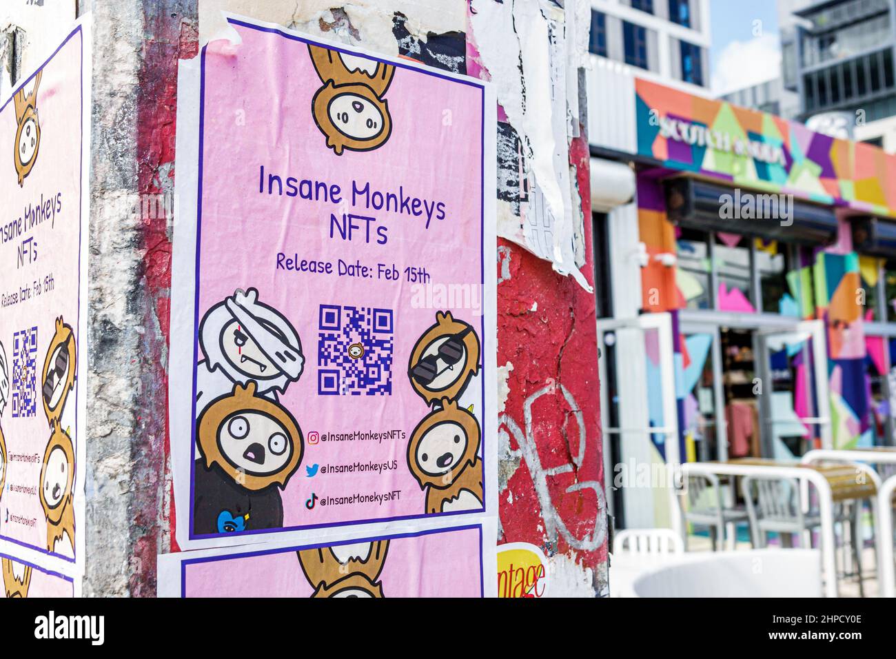 Miami Florida Wynwood Art District posted poster Insane Monkey NFTs NFT QR code offer Stock Photo