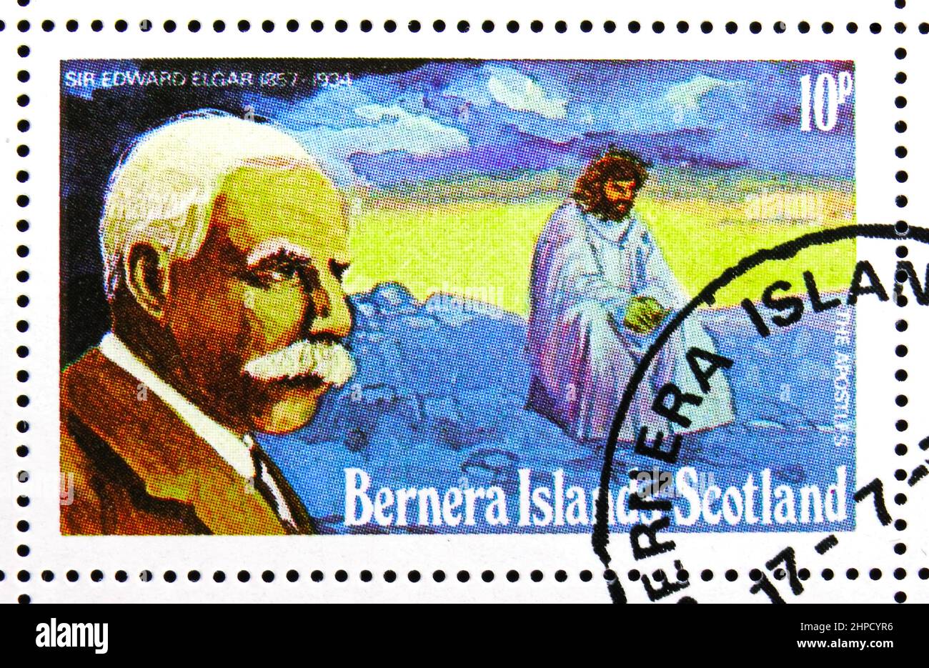 MOSCOW, RUSSIA - NOVEMBER 4, 2021: Postage stamp printed in Scotland shows Edward Elgar - 'The Apostiles', Scotland: Bernera Island serie, circa 1978 Stock Photo