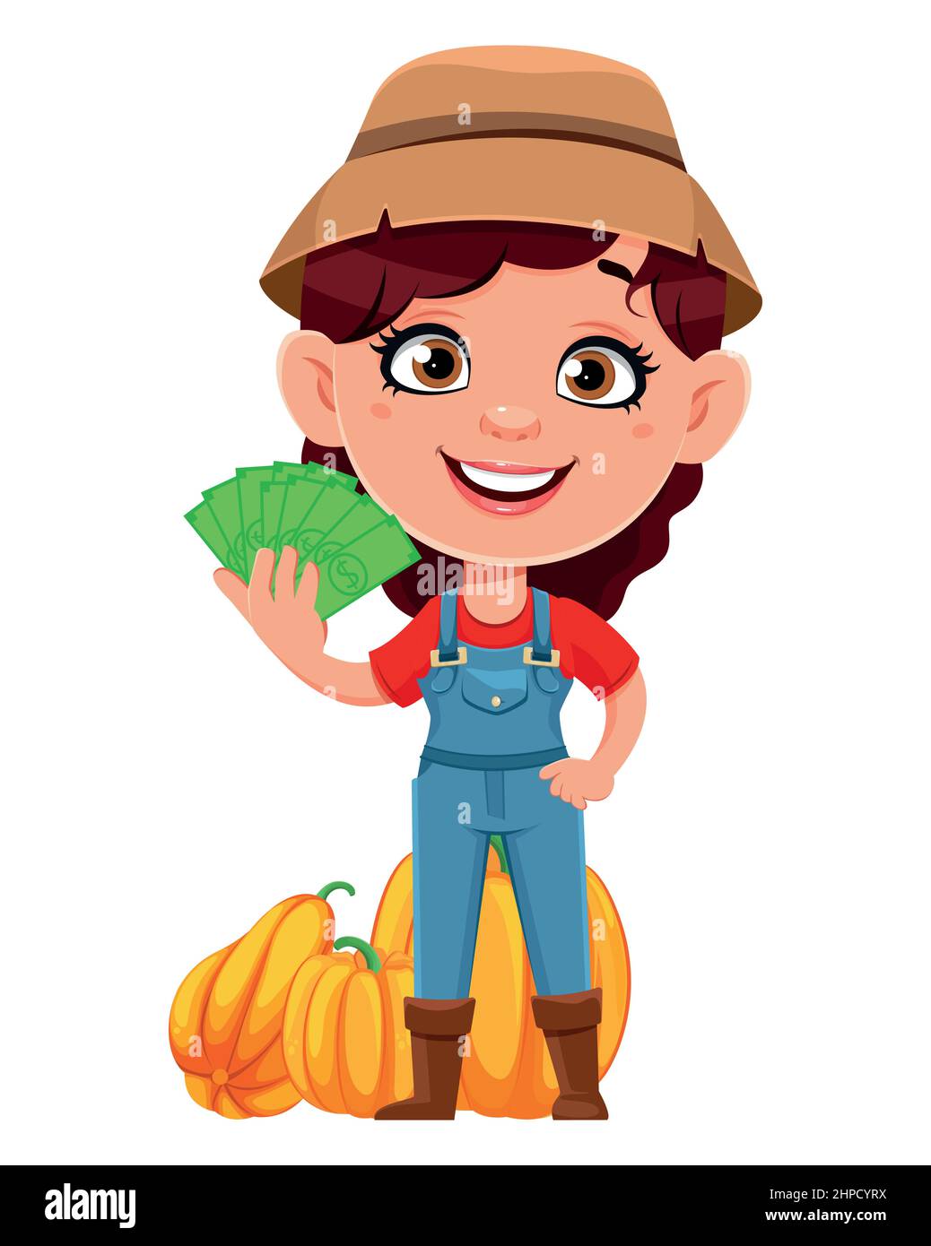 Farmer woman cartoon character holding money. Cute girl farmer. Stock ...