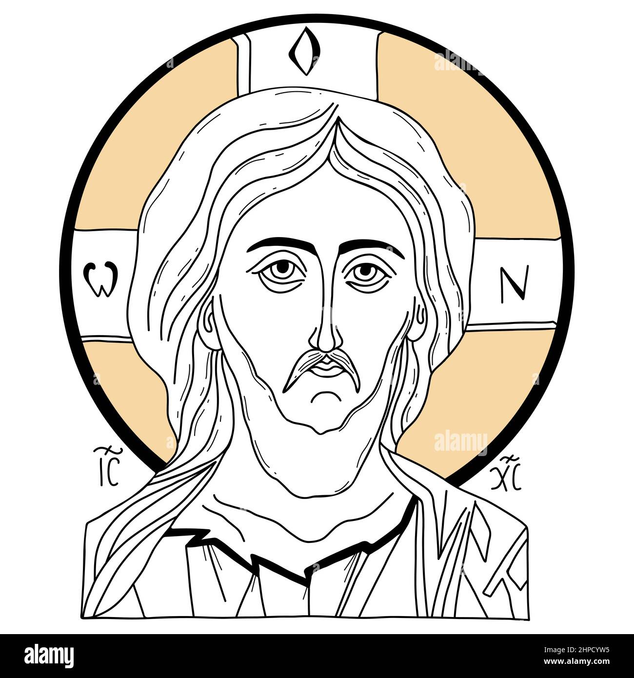 Jesus Christ portrait icon. Savior Christ Ruler of All. Vector illustration. Linear hand drawing, outline. For design and decoration of Orthodox and C Stock Vector