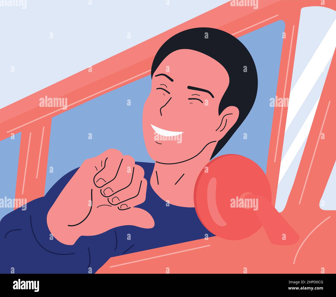 The white guy is traveling in a red car. The man is happy with life and smiles. The concept of success, good mood.love yourself. Vector flat. Stock Vector