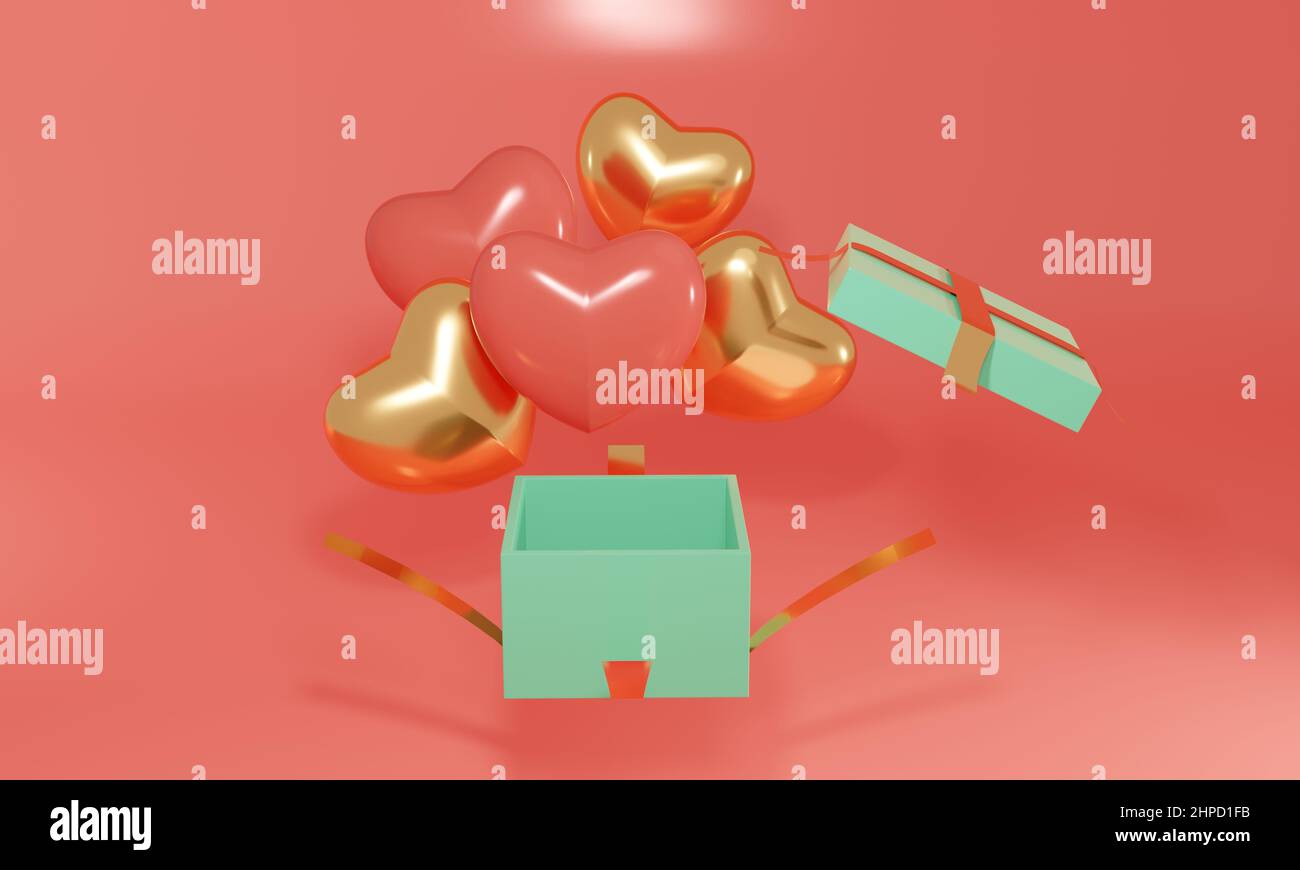 3d Pink and gold heart-shaped balloons flying out of an open gift box ...