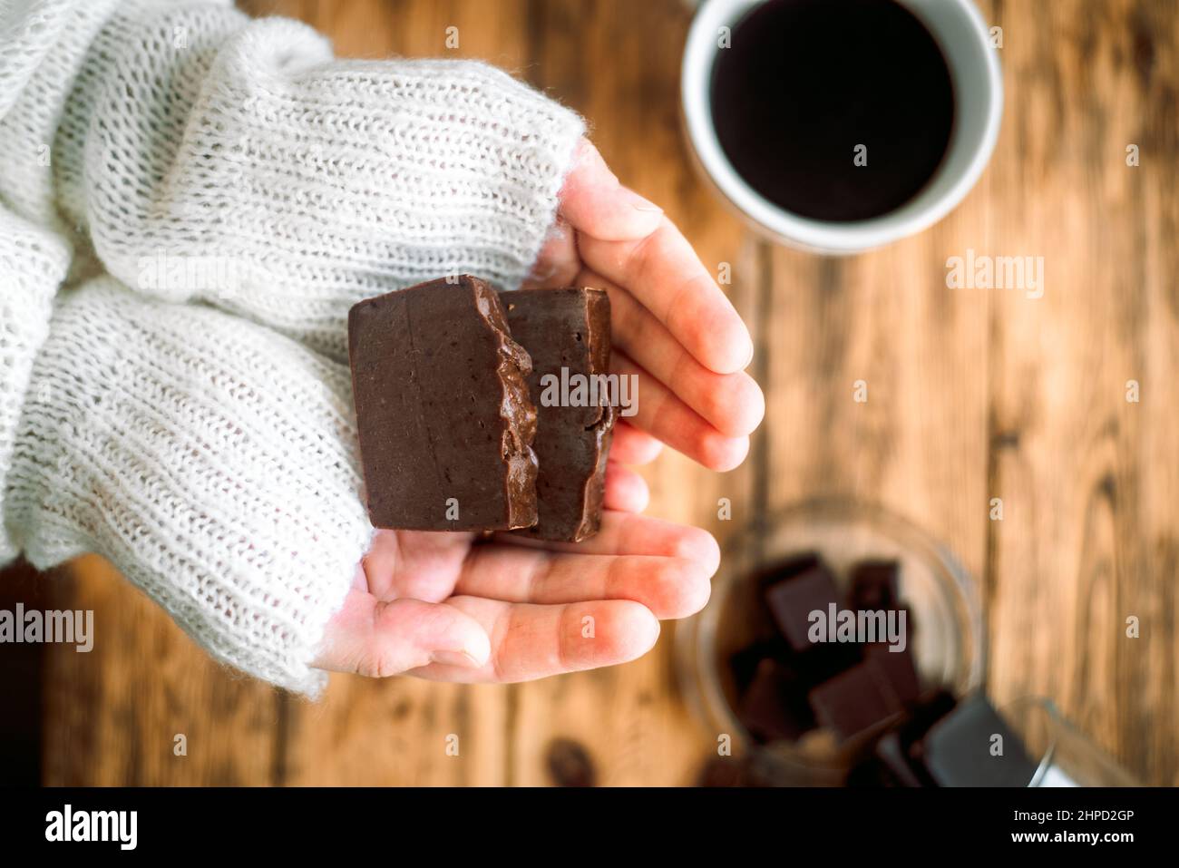 Dark chocolate, handmade sweet coffee soap, aromatic cinnamon and sweets. whole bean coffee Stock Photo
