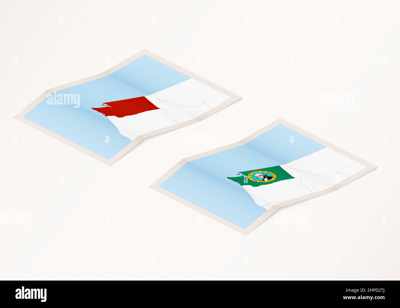 Two versions of a folded map of Washington with the flag of the country ...