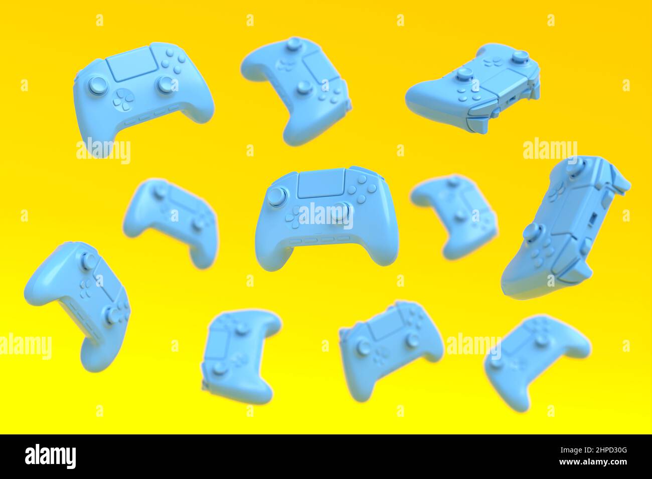 Flying blue gamer joysticks or gamepads on yellow background with blur ...