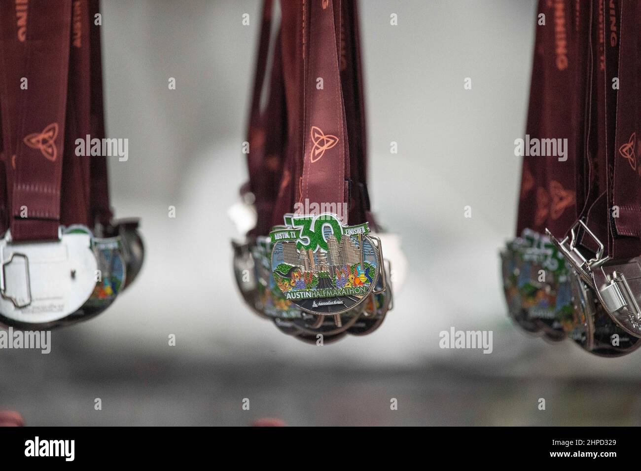 Austin, Texas. February 20, 2022 Austin Marathon finisher medals are