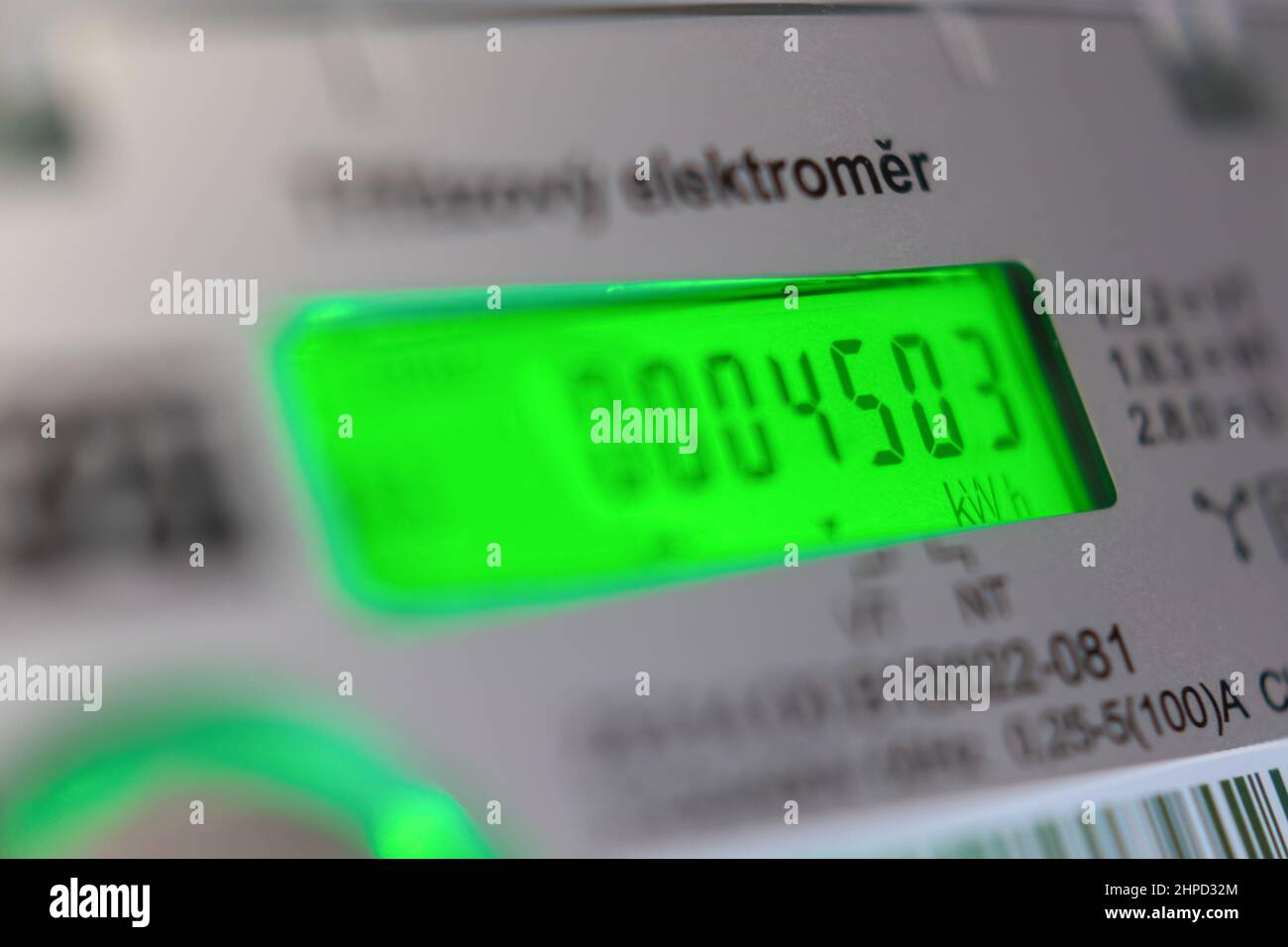 Electricity meter - close-up view of the meter counter, digits showing electricity consumption Stock Photo