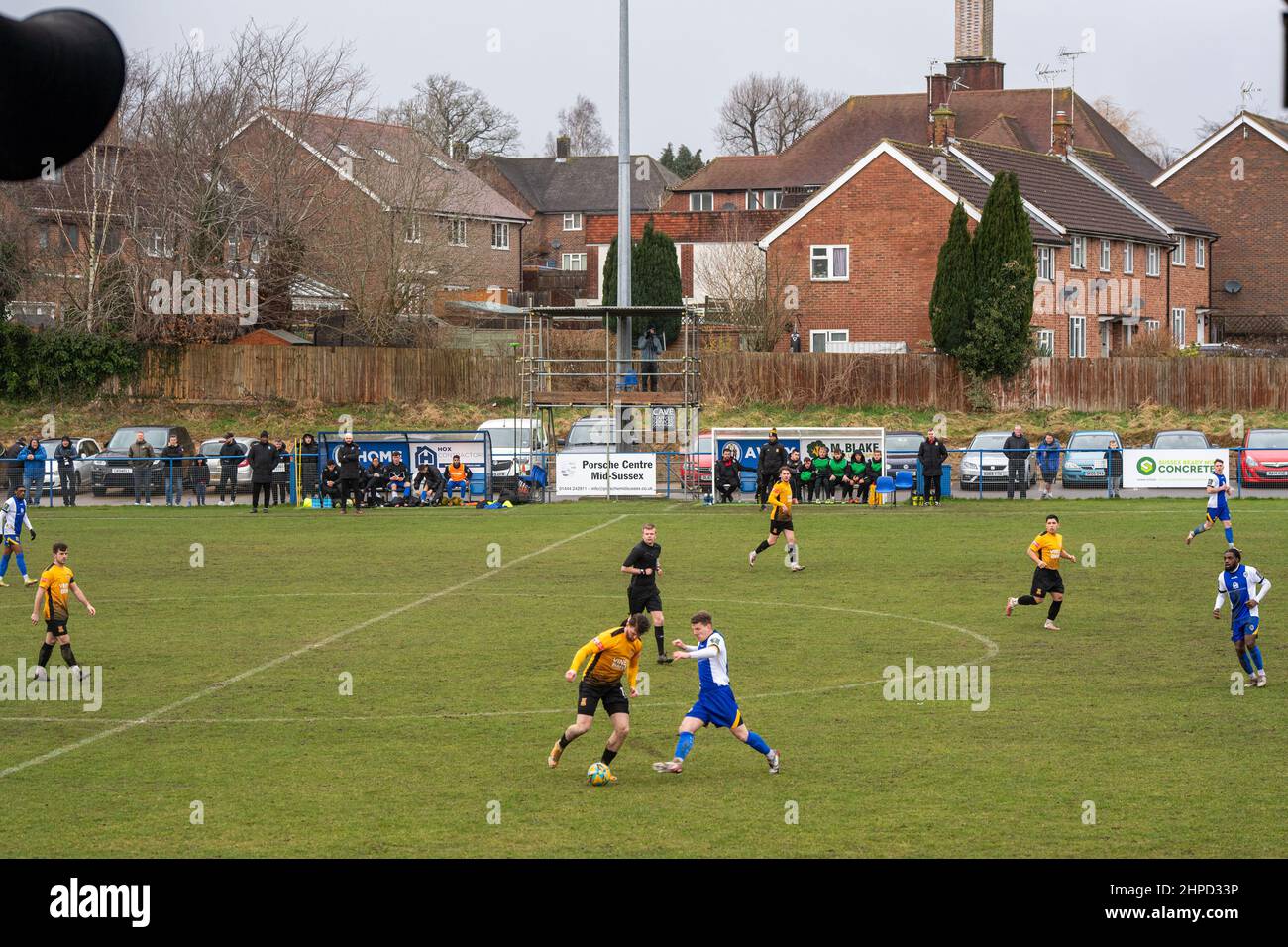 Haywards Heath Town 2 Three Bridges 3, 19/02/2022. The Enclosed Ground, Pitching In Isthmian South East Division. Photo by Simon Gill. Stock Photo