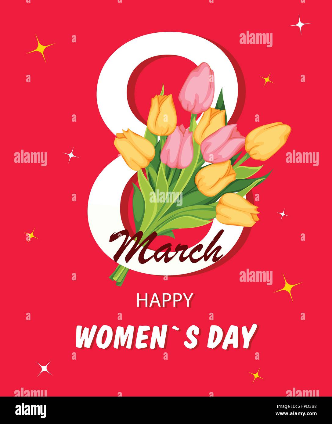 Happy Women's day, 8 March greeting card. Digit eight and a bouquet of pink and yellow tulips. Stock vector illustration Stock Vector