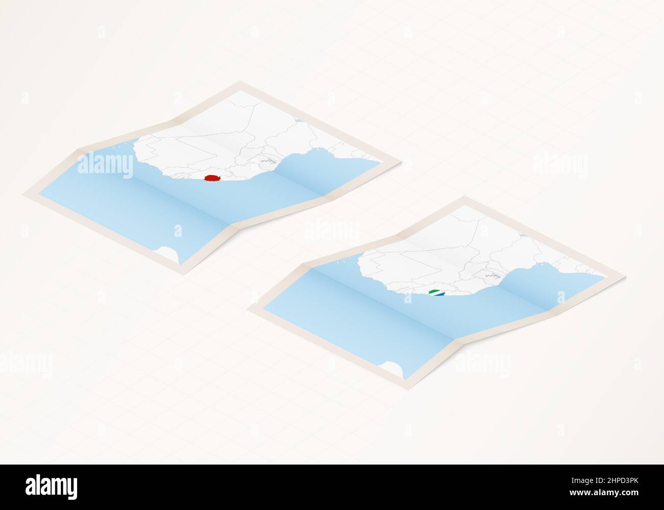 Two versions of a folded map of Sierra Leone with the flag of the ...