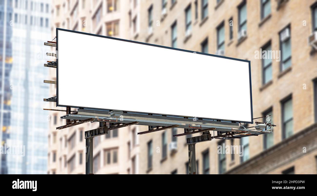 Billboard mockup, poster advertise template. Blank large outdoor empty ad panel, urban high building background Stock Photo
