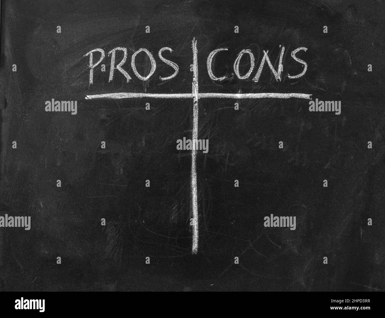 Pros contra cons concept. Empty list on chalkboard background, for decision making at business, school. Analysis and comparison between negative posit Stock Photo