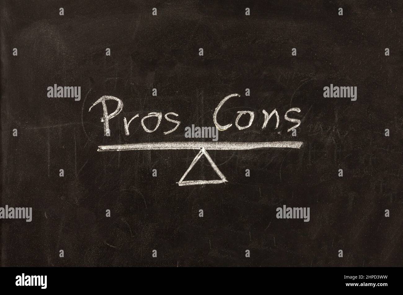 Pros contra cons concept. Empty list on blackboard background, for decision making at business, school. Comparison between negative positive, advantag Stock Photo