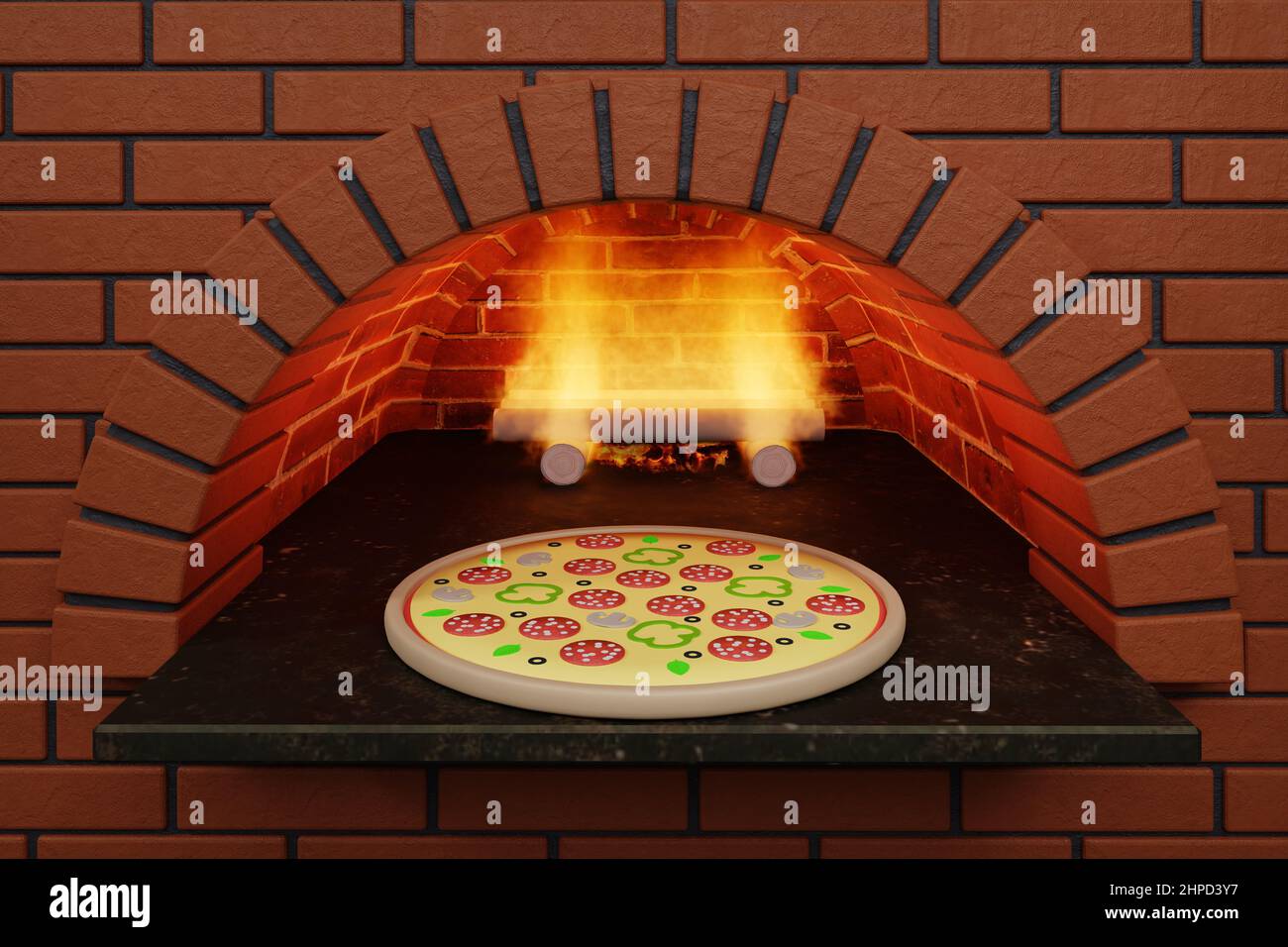 Salami pizza lays in traditional red-brick pizza oven with burning fire - 3d rendering Stock Photo