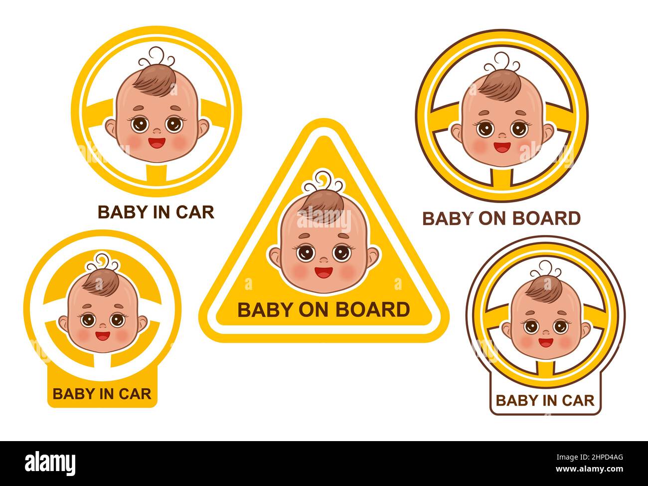 Baby on board car sticker set. Cute small child passenger sit in transport. Face little kid boy. Infant travel in pram. Warning sign of vehicle Vector Stock Vector