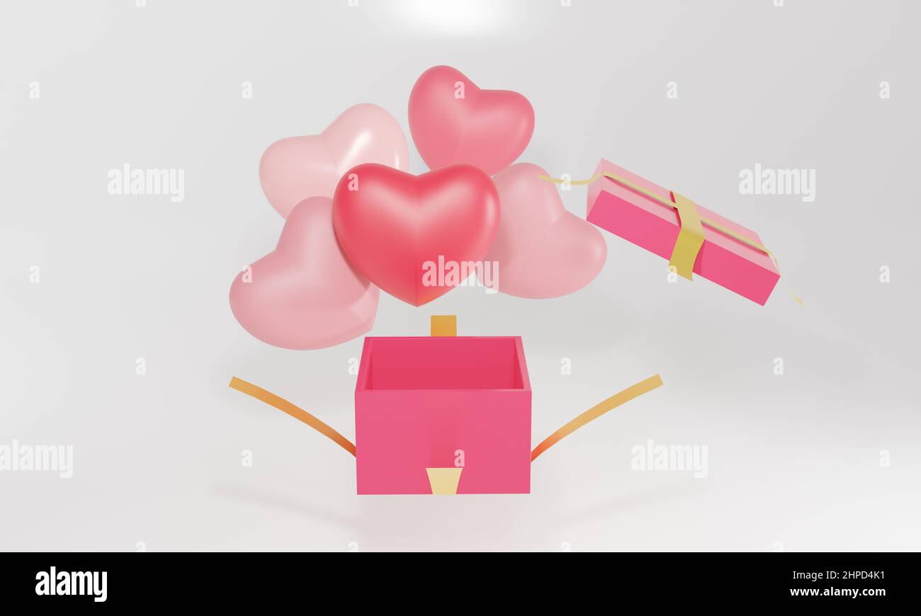 3d pink balloons in the shape of a heart flying out of an open gift box ...