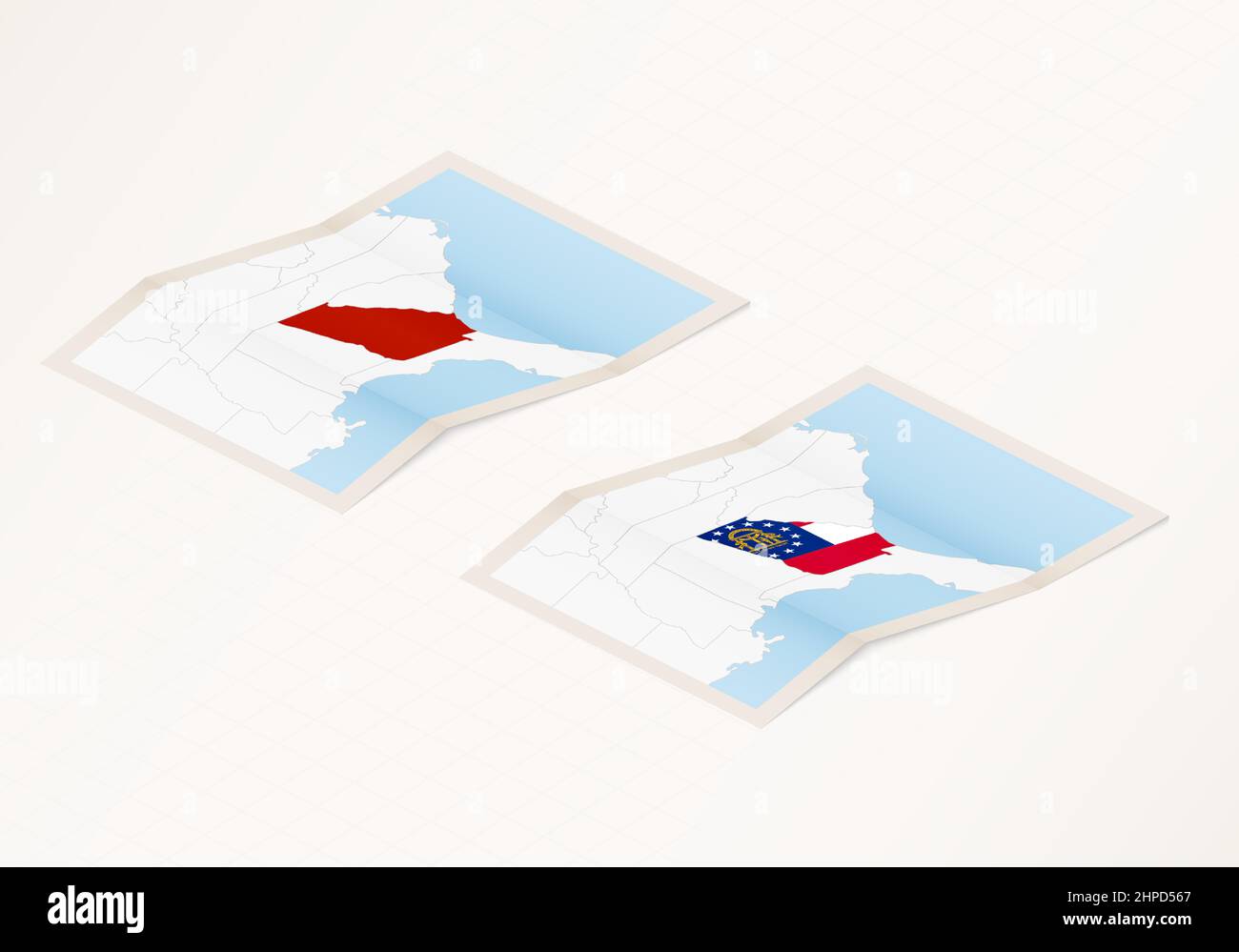 Two versions of a folded map of Georgia with the flag of the country of Georgia and with the red color highlighted. Set of isometric vector maps. Stock Vector