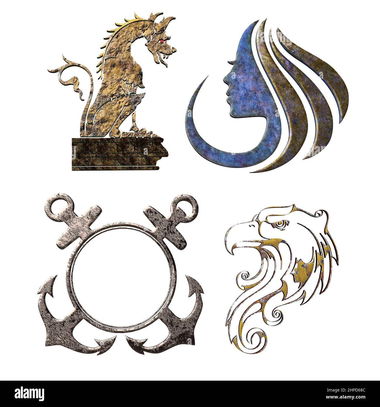 Eagle, Dragon, Anchor, Woman’s Face Set of Symbols, in Natural Materials, 3D Illustration, 3D Rendering Stock Photo