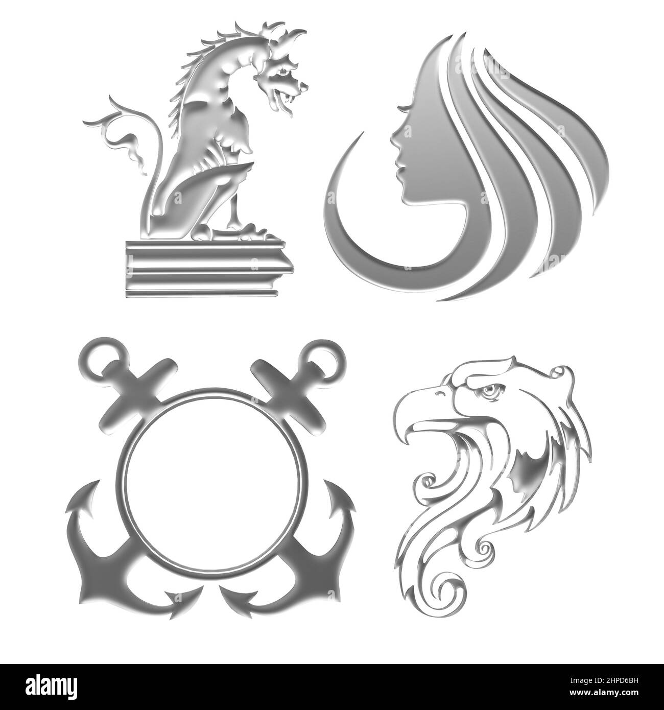 Eagle, Dragon, Anchor, Woman’s Face Set of Symbols, in Natural Materials, 3D Illustration, 3D Rendering Stock Photo