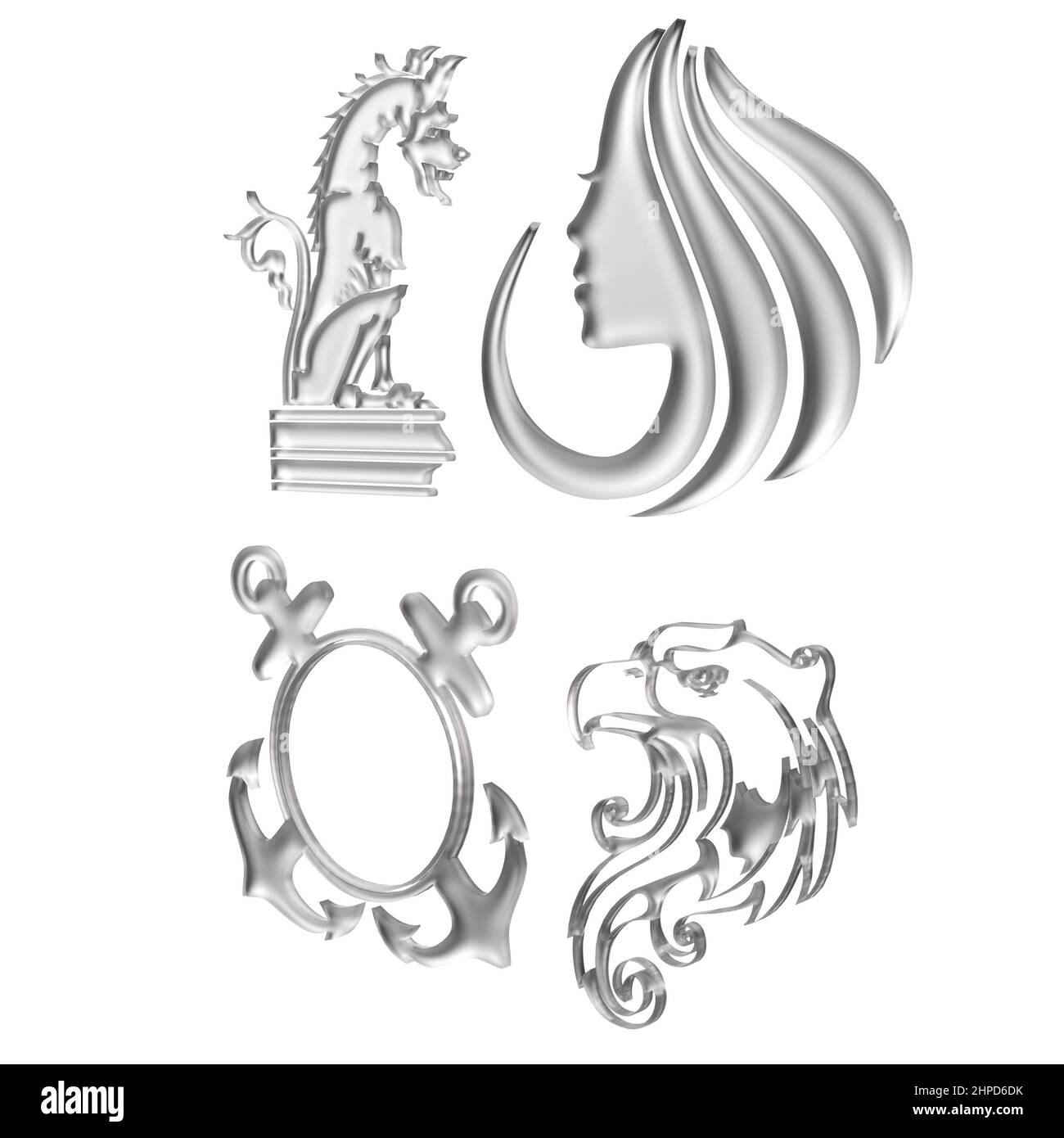 Eagle, Dragon, Anchor, Woman’s Face Set of Symbols, in Natural Materials, 3D Illustration, 3D Rendering Stock Photo