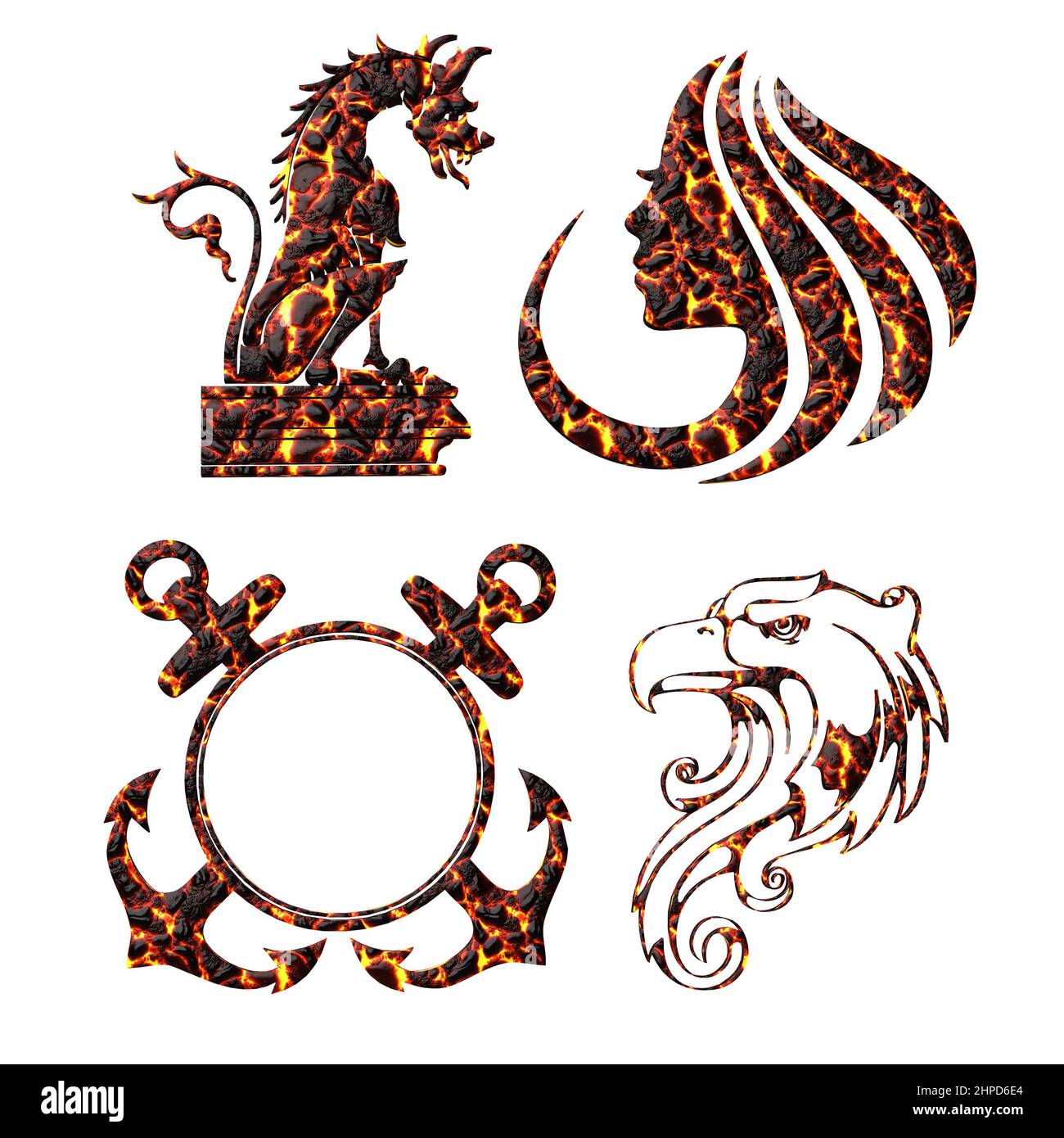 Eagle, Dragon, Anchor, Woman’s Face Set of Symbols, in Natural Materials, 3D Illustration, 3D Rendering Stock Photo