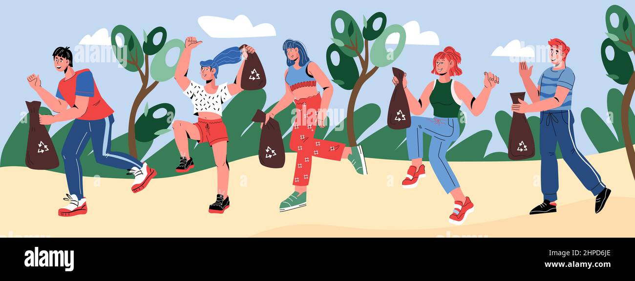 Plogging Run Event Plogging event banner with people running with eco trash bags and pick ...