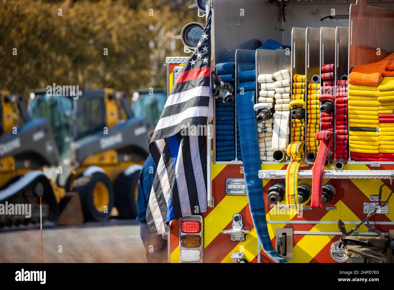 Patriotic american flag on firetruck close up outdoors Stock Photo