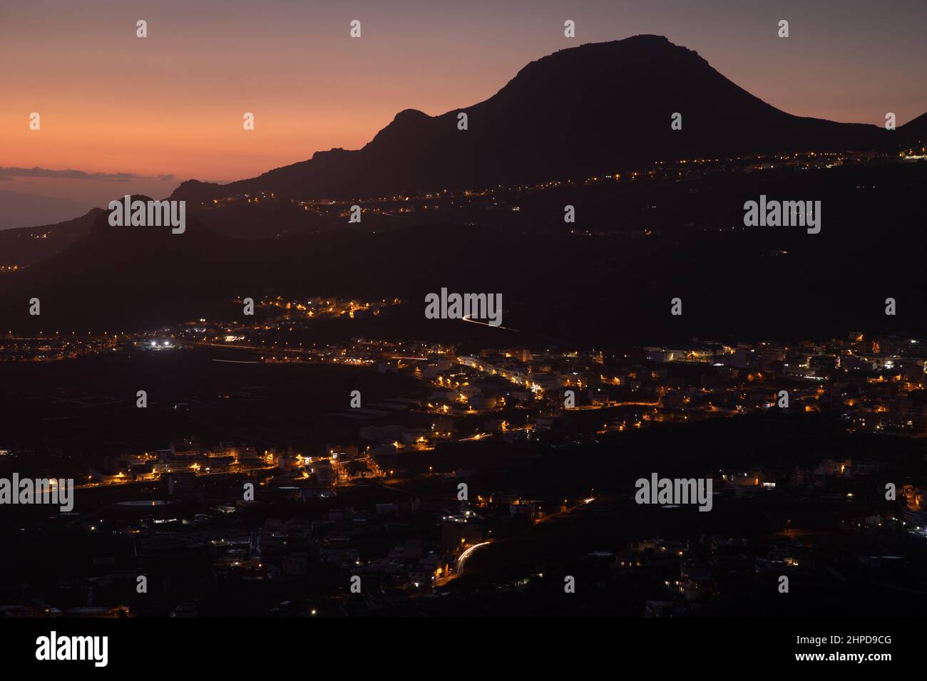 View overlooking Tenerife west coast at dusk, Canary Islands Stock Photo
