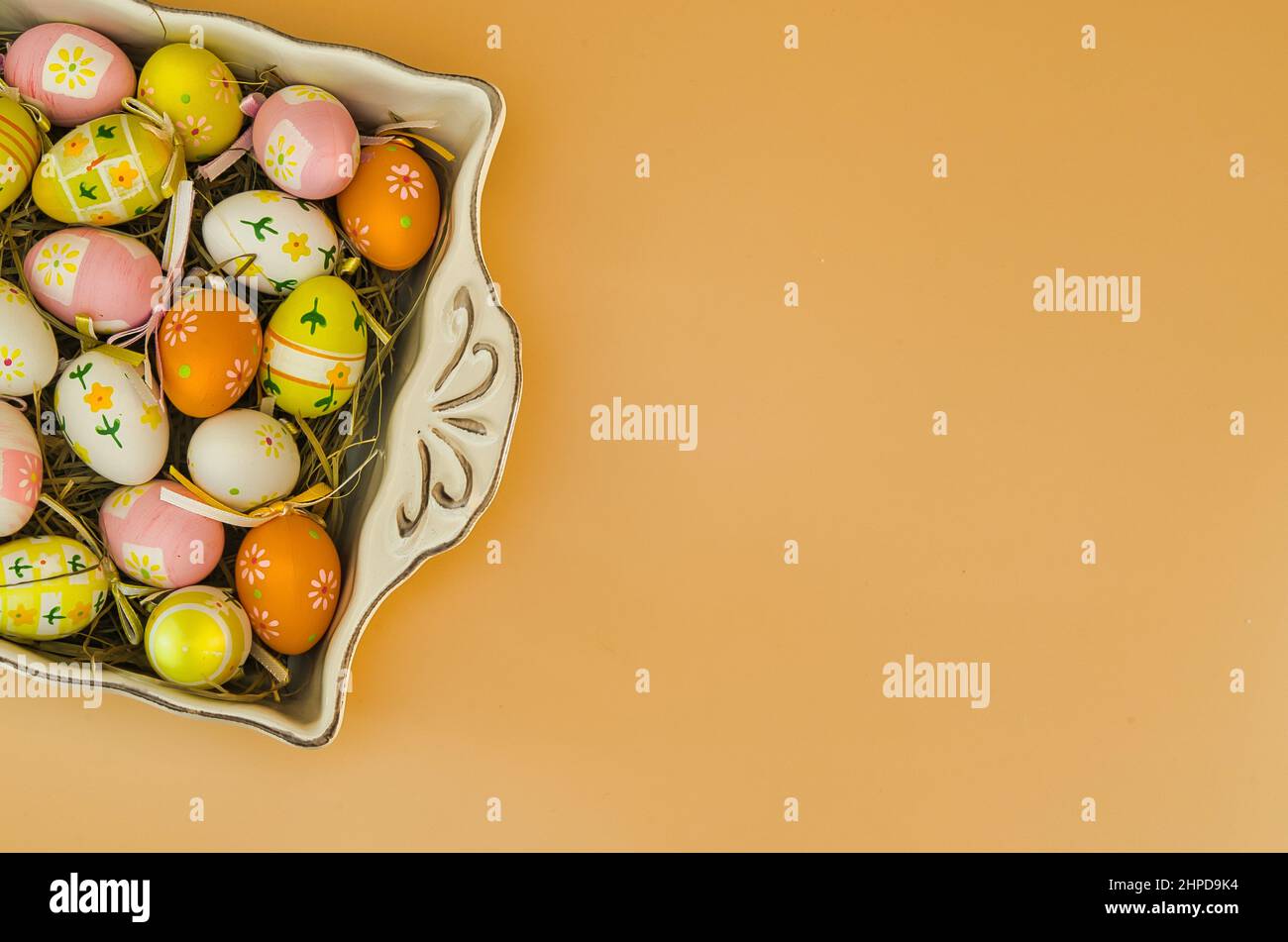 Easter background with painted easter eggs. Stock Photo