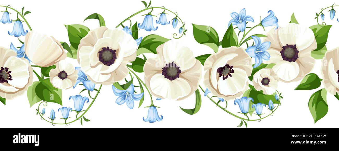 Horizontal seamless border with white poppy flowers, blue bluebell flowers, and green leaves. Vector illustration Stock Vector