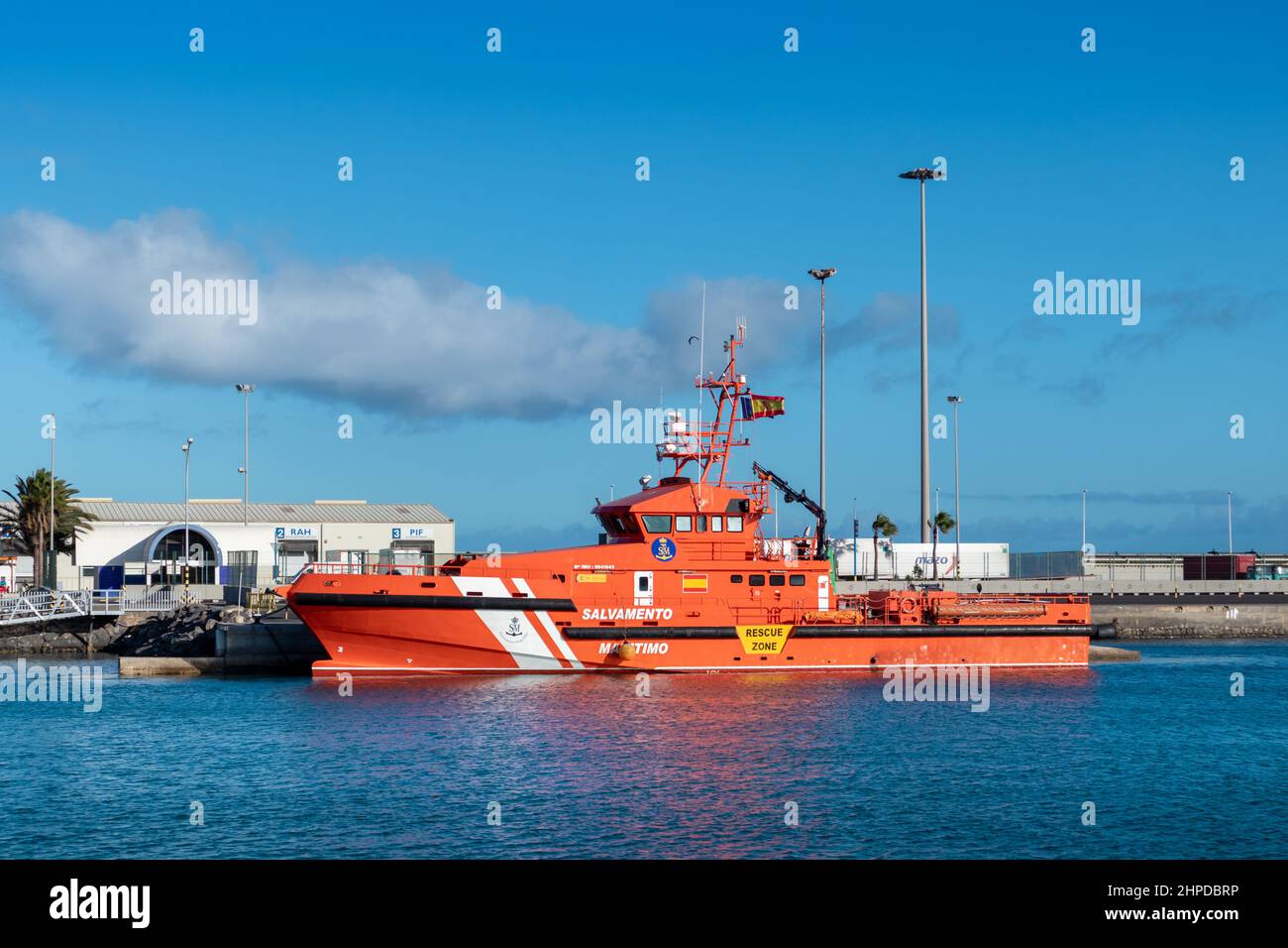 Spain, Jan 2022: Rescue boat from the Spanish government docked at Puerto del Rosario, Fuerteventura, Spain. Text 'Salvamento marítimo' means 'Maritim Stock Photo