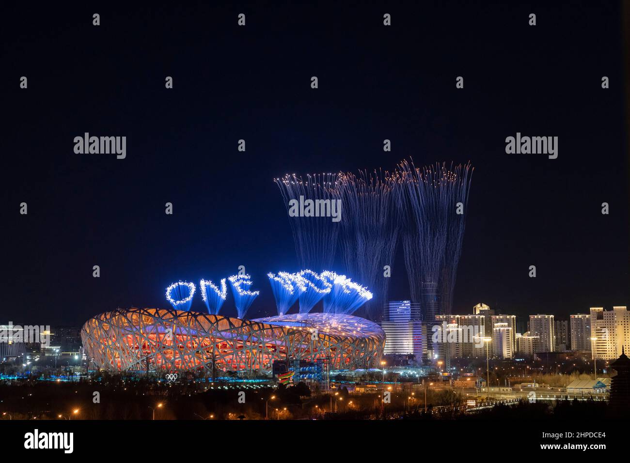 BEIJING, CHINA - FEBRUARY 20, 2022 - Fireworks performance during the closing ceremony of the 2022 Beijing Winter Olympic Games at National Stadium on Stock Photo