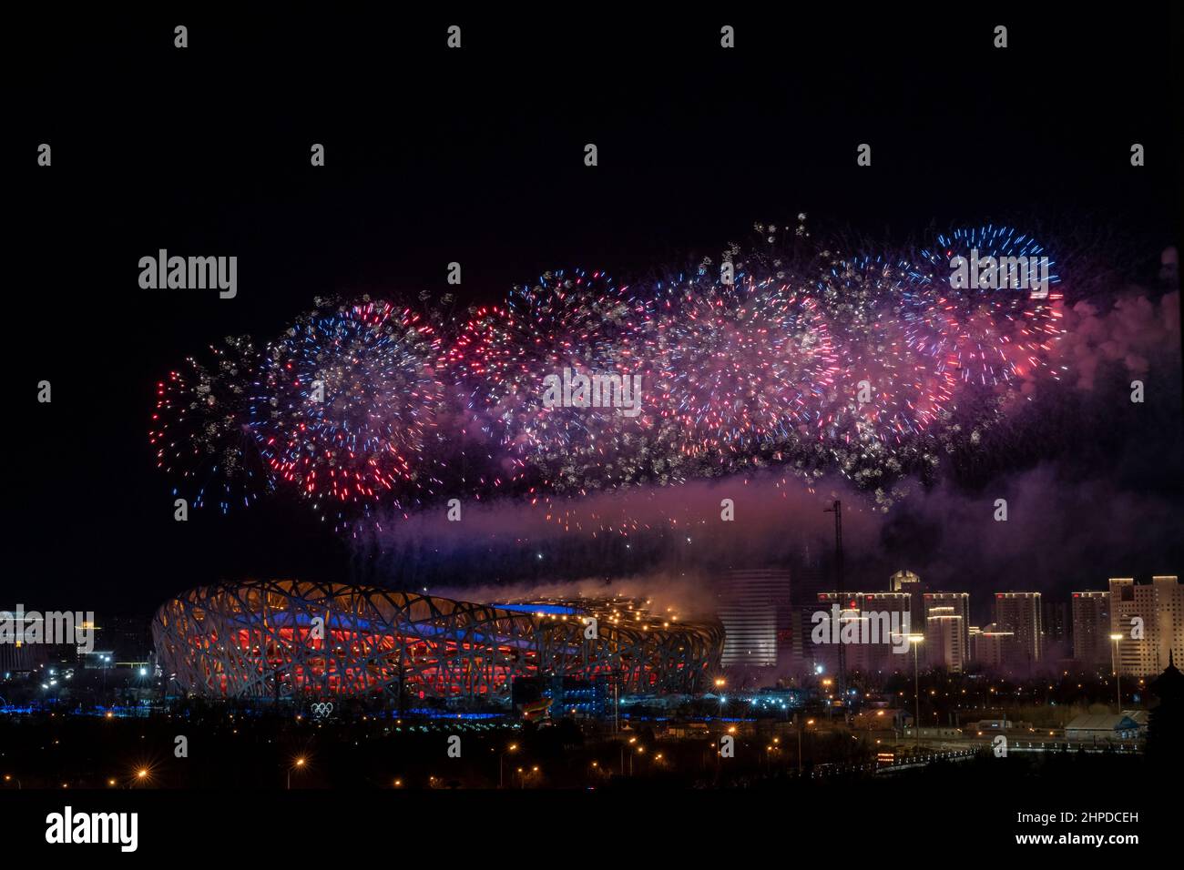 BEIJING, CHINA - FEBRUARY 20, 2022 - Fireworks performance during the closing ceremony of the 2022 Beijing Winter Olympic Games at National Stadium on Stock Photo