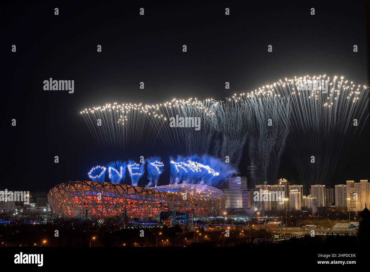 BEIJING, CHINA - FEBRUARY 20, 2022 - Fireworks performance during the closing ceremony of the 2022 Beijing Winter Olympic Games at National Stadium on Stock Photo