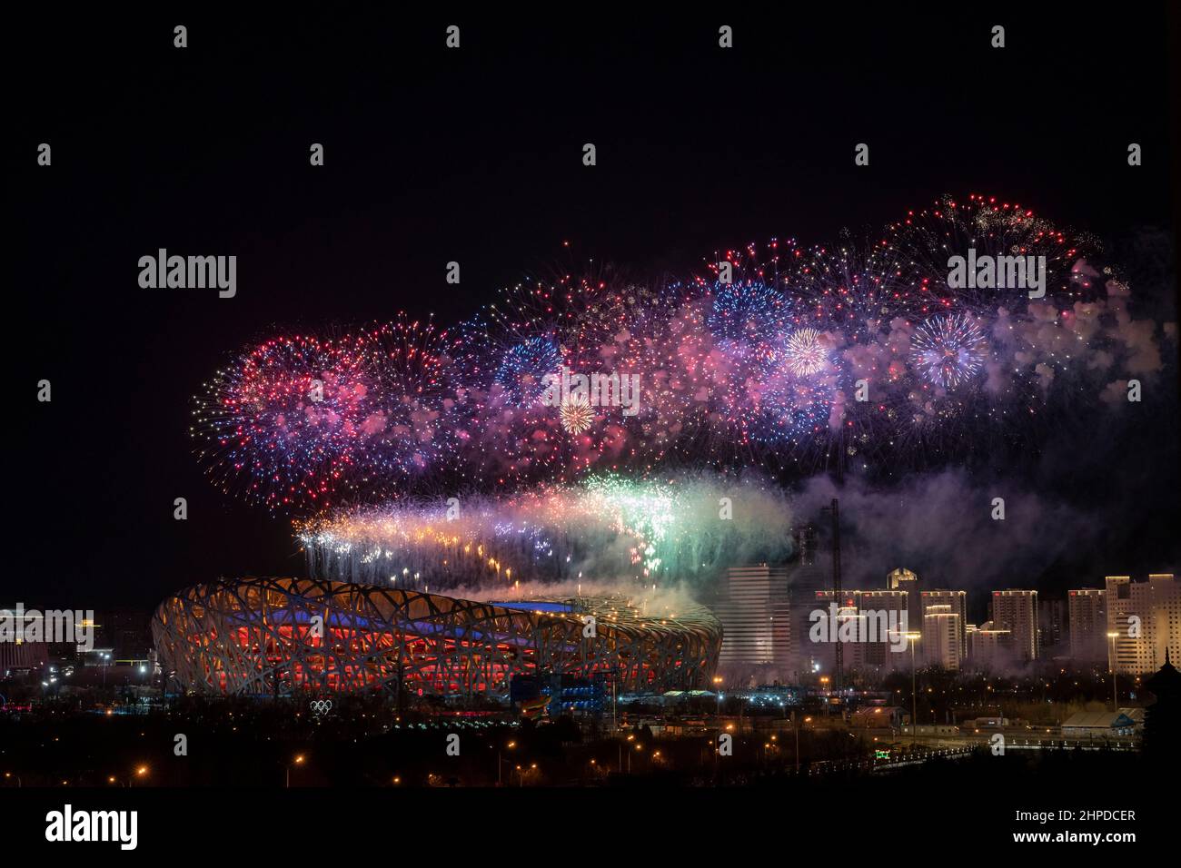 BEIJING, CHINA - FEBRUARY 20, 2022 - Fireworks performance during the closing ceremony of the 2022 Beijing Winter Olympic Games at National Stadium on Stock Photo