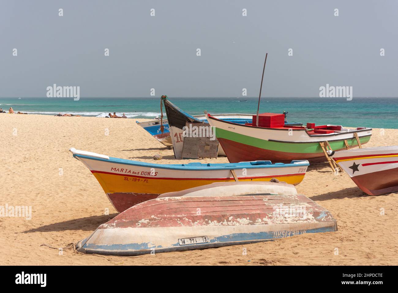 Colourful fishing boats on beach, Praia Santa Maria, Santa Maria, Sal, República de Cabo (Cape Verde) Stock Photo