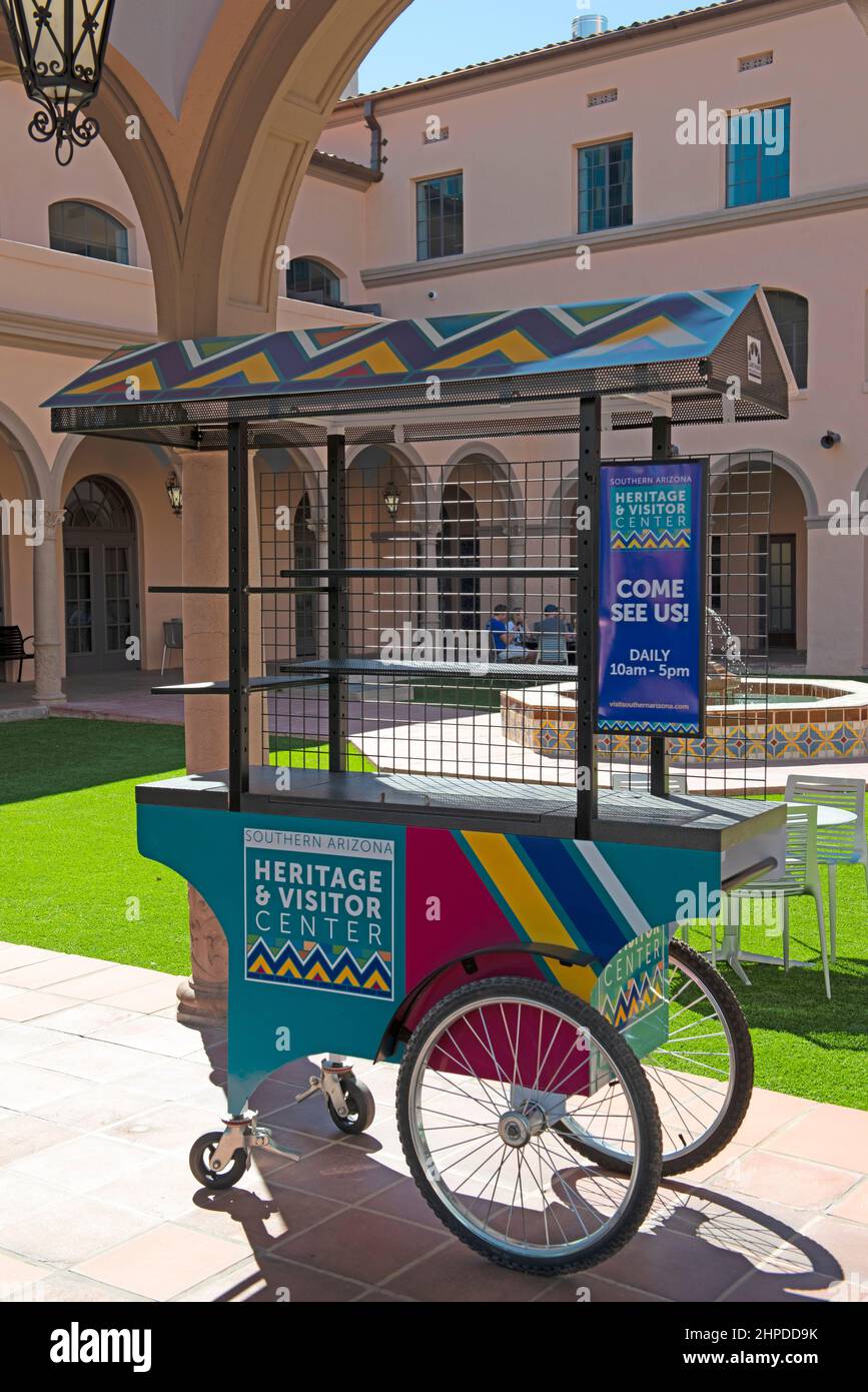 A promotional hand-cart for the new Southern Arizona Heritage and Visitor Center at the Pima County Courthouse in Tucson Stock Photo