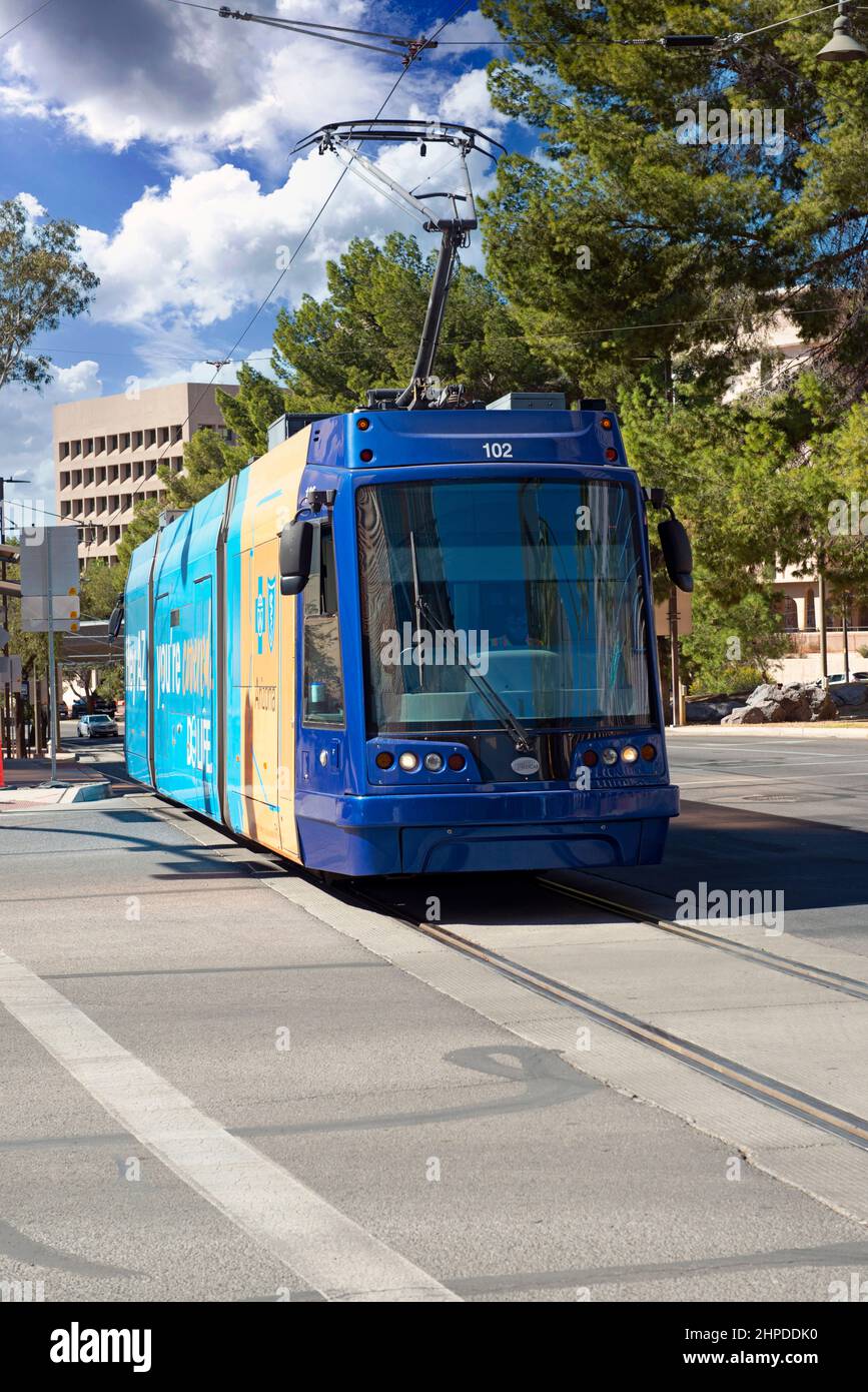 Electric trams in downtown Tucson, providing clean green efficient public transport throughout downtown and the University districts Stock Photo