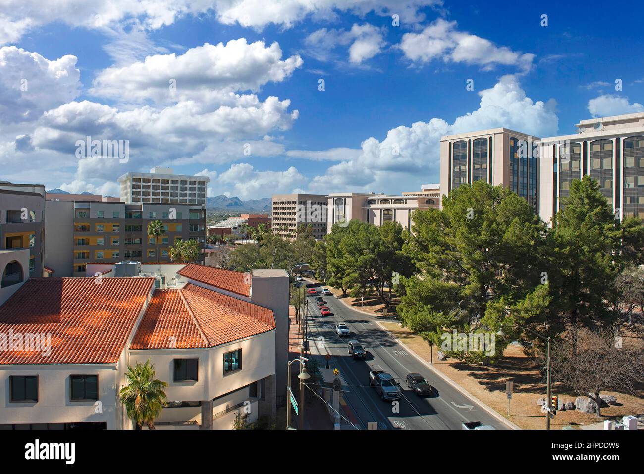 Aerial view looking down W Broadway Blvd towards the West of Tucson AZ Stock Photo