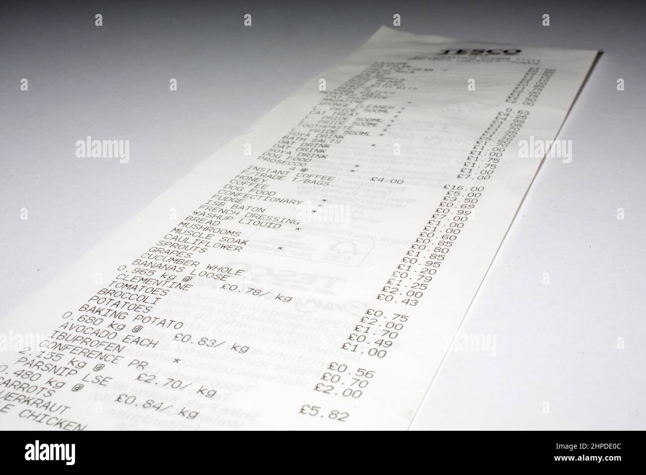 An itemised supermarket shopping bill, receipt. From Tesco, UK. Stock Photo