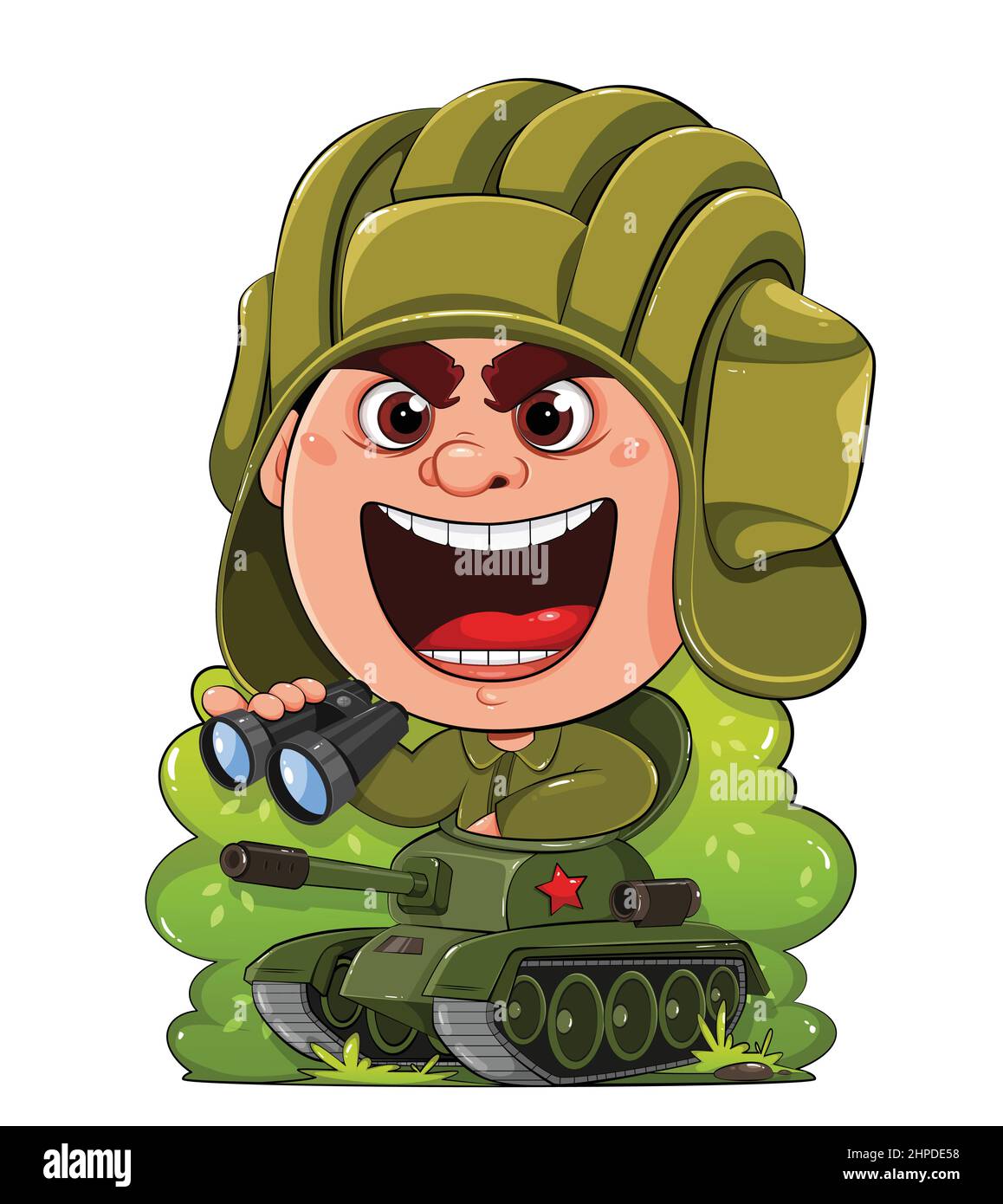 Tankman cartoon character. Happy Defender of the Fatherland day. Soldier on tank cartoon character. Vector illustration on white background Stock Vector