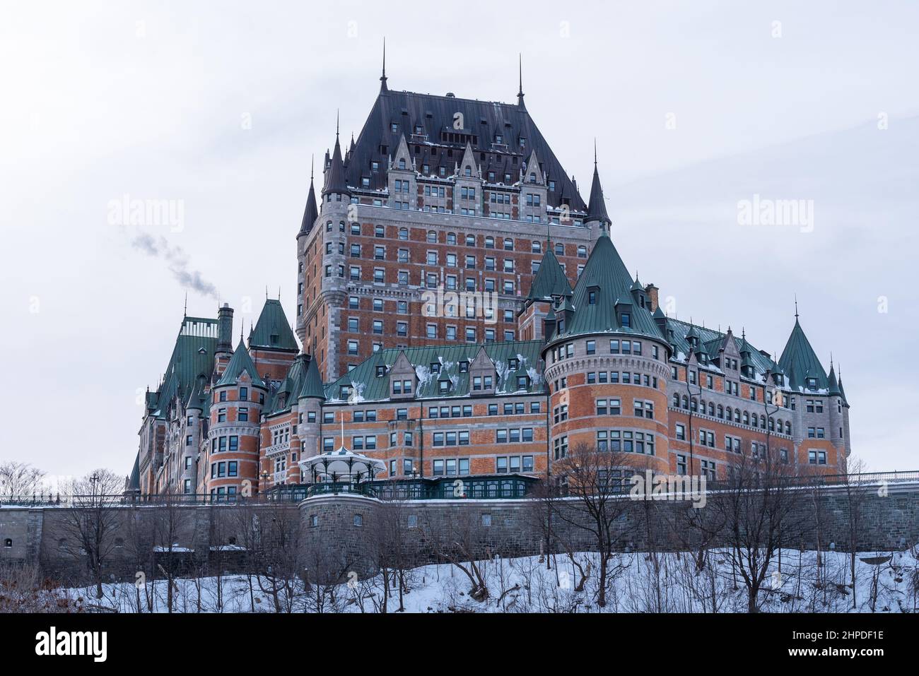 Winter view of the Frontenac castle in the old Quebec city. Stock Photo