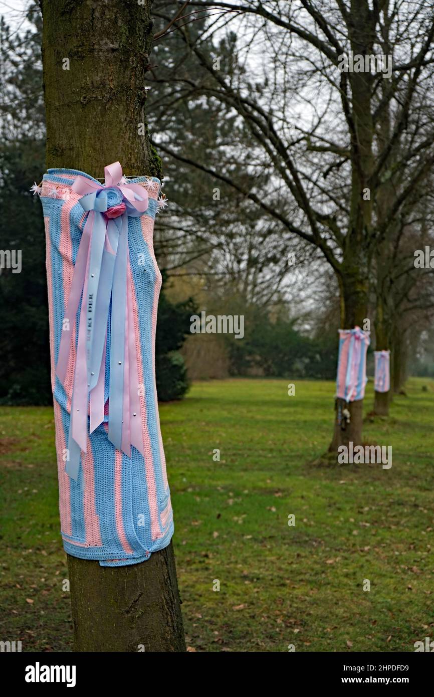 Cemetery, Graveyard, Churchyard in Germany: children's graves with trees, liebevoll gehäkelte Decken in Rosa und Hellblau Stock Photo